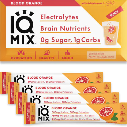 Picture of IQMIX Sugar Free Electrolytes Powder Packets - Hydration Supplement Drink Mix with Keto Electrolytes, Lions Mane, Magnesium L-Threonate, and Potassium Citrate - Blood Orange (20 Count)