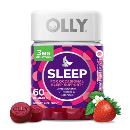 Picture of OLLY Sleep Gummy, Occasional Sleep Support, 3 mg Melatonin, L-Theanine, Chamomile, Lemon Balm, Sleep Aid, Strawberry, 60 Count (Pack of 1)