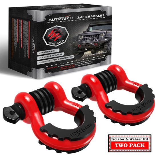 Picture of AUTMATCH D Ring Shackle 3/4" Shackles (2 Pack) 41,887Ibs Break Strength with 7/8" Screw Pin and Shackle Isolator Washers Kit for Tow Strap Winch Off Road Vehicle Recovery Red & Black