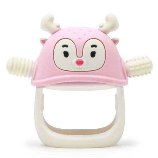 Picture of Smily Mia Reindeer Baby Teethers for 3-6Months Baby Girls, Never Drop Silicone Baby Teething Mitten for 6-12Months, Soft Massaging Nubs for Teething Pain Relief, Peach Pink