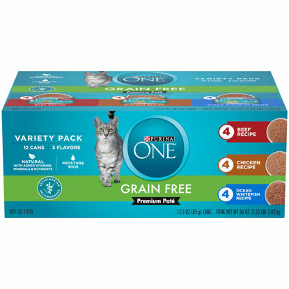 Picture of Purina ONE Grain Free, Natural Pate Wet Cat Food Variety Pack, Beef, Chicken and Ocean Whitefish Recipes - (2 Packs of 12) 3 oz. Pull-Top Cans