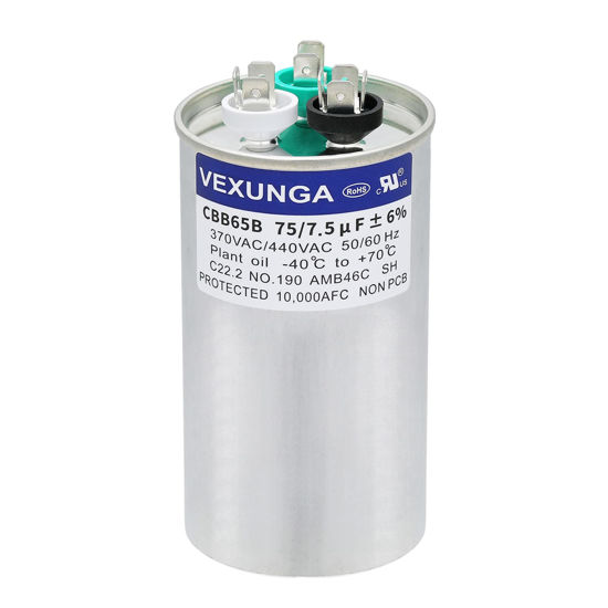 Picture of VEXUNGA 75/7.5 uF 75+7.5 MFD 370V or 440V Dual Run Start Round A/C Capacitor CBB65 CBB65B Air Conditioner Capacitors for AC Unit Fan Motor Start or Heat Pump or Condenser Straight Cool