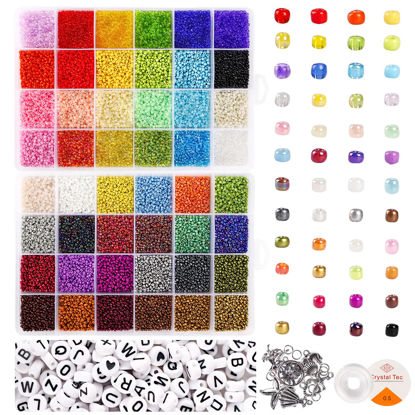 Picture of UOONY 35000pcs 2mm Glass Seed Beads for Jewelry Making Kit, 250pcs Alphabet Letter Beads, Tiny Beads Set for Bracelets Making, DIY, Art and Craft with Rolls of Elastic String Cord, Charms and Rings