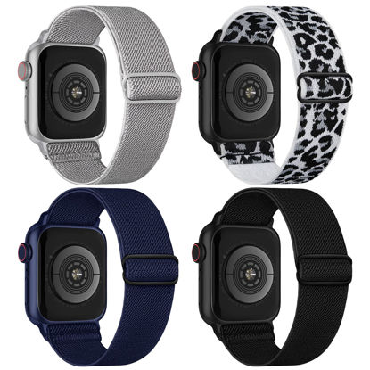 Picture of Stretchy Nylon Solo Loop Bands Compatible with Apple Watch 38mm 40mm 41mm 42mm 44mm 45mm 49mm, Adjustable Braided Sport Elastic Wristbands Women Men Straps for iWatch Series 8/7/6/5/4/3/2/1/SE/Ultra, 4 Packs