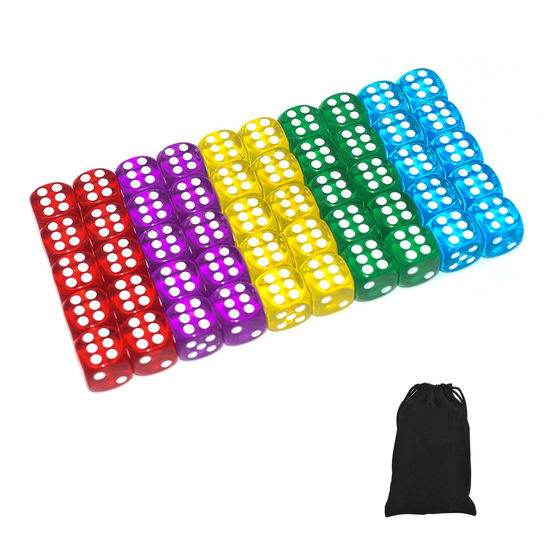 Picture of 50 of Pack 14MM 6 Sided Dice Set Translucent Colors Dice, with Black Pouch for Board Game