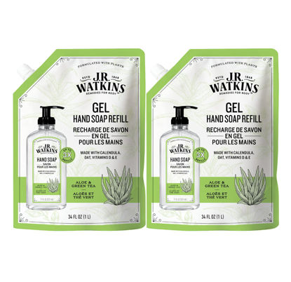 Picture of J.R. Watkins Gel Hand Soap Refill Pouch, Scented Liquid Hand Wash for Bathroom or Kitchen, USA Made and Cruelty Free, 34 fl oz, Aloe & Green Tea, 2 Pack