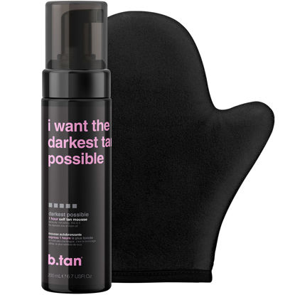 Picture of b.tan Darkest Self Tanner Kit | Get The Darkest Tan Possible Bundle - Darkest Self Tanning Mousse with Self Tanning Mitt Applicator, The Darkest of Them All, 1 Hour Sunless Tanner, Fast Self Tan, No Fake Tan Smell, No Added Nasties, Vegan, Cruelty Free, 6.7 Fl Oz