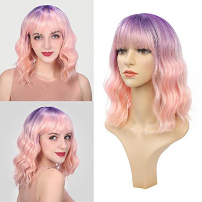 Picture of Wigs for Women - Ombre Color Wig with Bangs for White Women, Short Wavy Bob Wig, Colorful Medium Length Wig, Pastel Colored Cosplay Wig Synthetic Costume Wigs