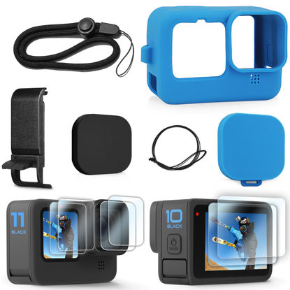 Picture of FitStill Blue Silicone Sleeve Case for Go Pro Hero 11 Hero 10 Hero 9 Black, Battery Side Cover&Screen Protectors&Lens Caps&Lanyard for Go Pro Hero 11 /10 / 9 Accessories Kit