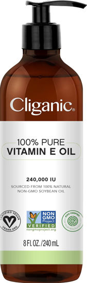 Picture of Cliganic 100% Pure Vitamin E Oil for Skin, Hair & Face 240,000 IU (8oz), Non-GMO Verified | Natural D-Alpha Tocopherol