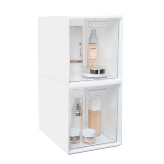STORi Audrey Stackable Plastic White Organizer with Clear Drawer | 2 Piece  Bin Set | Organize Cosmetics and Beauty Supplies on a Vanity | Made in USA