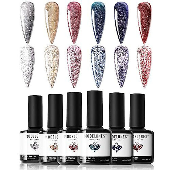 Picture of modelones Reflective Glitter Gel Nail Polish Set of 6 Colors Pink Red Silver Holographic Gel Polish Kit LED Soak Off Nail Polish Manicure Art Gel Kit Home DIY Nail Salon