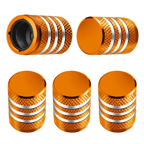 Picture of Tire Valve Stem Caps - (5 Pack) Tire Air Caps Metal with Plastic Liner Corrosion Resistant Leak-Proof for Car Truck Motorcycle SUV and Bike Orange