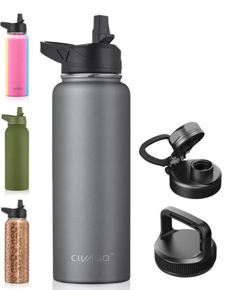 Picture of CIVAGO 40 oz Insulated Water Bottle With Straw, Stainless Steel Sports Water Flask Cup with 3 Lids (Straw, Spout and Handle Lid), Double Walled Travel Thermo Canteen Mug, Cool Gray