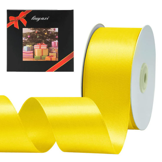 Picture of Solid Color Double Faced Yellow Satin Ribbon 2" X 50 Yards, Ribbons Perfect for Crafts, Wedding Decor, Bow Making, Sewing, Gift Package Wrapping and More