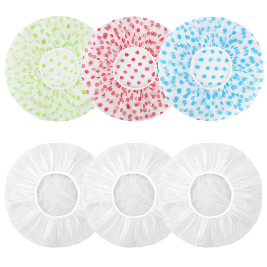 Picture of 6 Pcs Shower Caps, Waterproof Bath Caps Plastic Reusable Shower Caps Elastic Band Bath Hair Caps for Women Kids