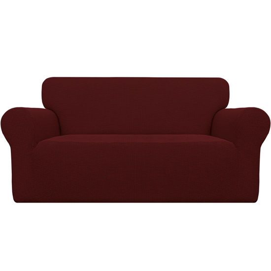 Picture of Easy-Going Stretch Loveseat Slipcover 1-Piece Sofa Cover Furniture Protector Couch Soft with Elastic Bottom for Kids Polyester Spandex Jacquard Fabric Small Checks (Loveseat, Wine)