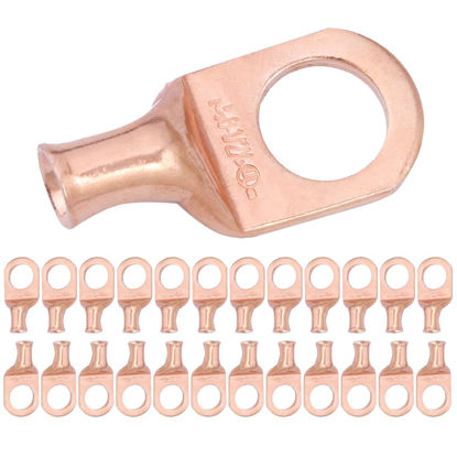 Picture of SELTERM 25pcs 6 AWG 1/2" Stud Battery Lugs, Ring Terminals, Heavy Duty Copper Wire Lugs, Battery Cable Ends, 6 Gauge Ring Terminal Connectors, UL Bare Copper Eyelets Electrical Battery Cable Lugs