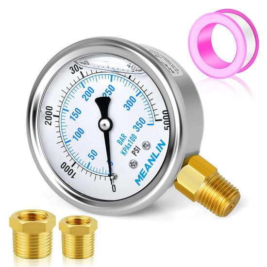 Picture of MEANLIN MEASURE 0~5000Psi Stainless Steel 1/4" NPT 2.5" FACE DIAL Liquid Filled Pressure Gauge WOG Water Oil Gas Lower Mount