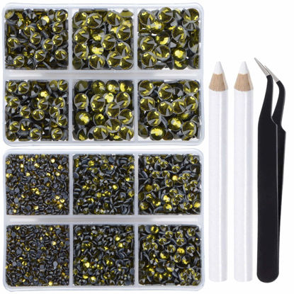 Picture of LPBeads 6400 Pieces Hotfix Rhinestones Olivine Flat Back 5 Mixed Sizes Crystal Round Glass Gems with Tweezers and Picking Rhinestones Pen