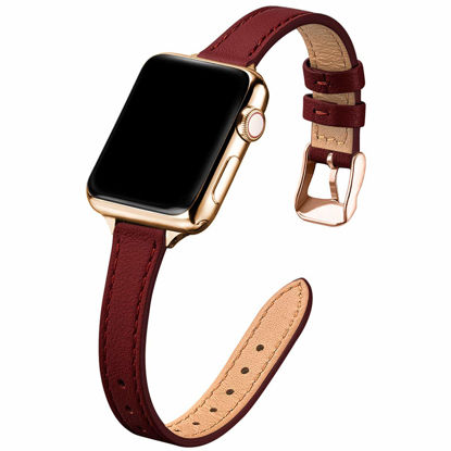 Picture of STIROLL Slim Leather Bands Compatible with Apple Watch Band 38mm 40mm 41mm 42mm 44mm 45mm 49mm,Top Grain Leather Watch Thin Wristband for iWatch Ultra SE Series 8/7/6/5/4/3/2/1(Wine Red with Gold)