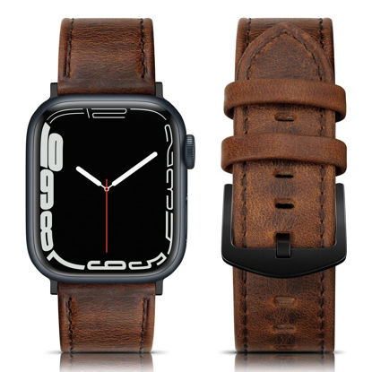 Picture of EDIMENS Leather Bands Compatible with Apple Watch 49mm 45mm 42mm 44mm Band Men Women, Vintage Genuine Leather Wristband Replacement Band Compatible for Apple Watch iwatch Series 8 7 6 5 4 3 2 1 SE3 SE