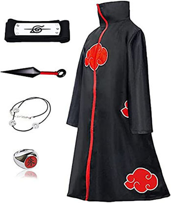 Picture of Kids Akatsuki Cloak - Unisex Long Robe Uniform with Headband - Halloween Anime Cosplay Costume for Girls Boys (Height: 49.2 - 53.1Inch, Black)