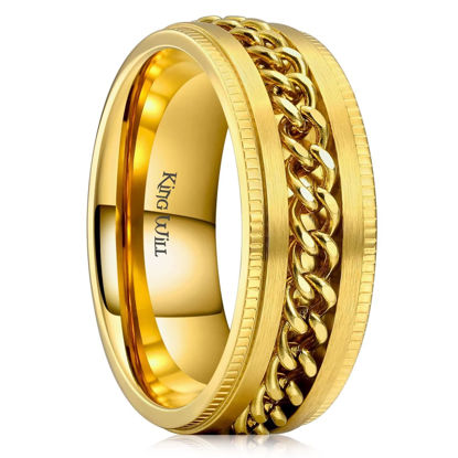 Picture of King Will Intertwine 8mm Spinner Ring Gold Stainless Steel Fidget Ring Anxiety Ring for Men with Curb Chain Inlay 10.5