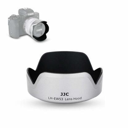 Picture of JJC Camera Lens Hood Shade for Canon EF-M 15-45mm f/3.5-6.3 is STM & RF-S 18-45mm f/4.5-6.3 is STM Lens on Canon EOS R50 R7 R10 M50 Mark II M5 M6 M6 Mark II M200 M100 Replaces Canon EW-53 Hood-Silver