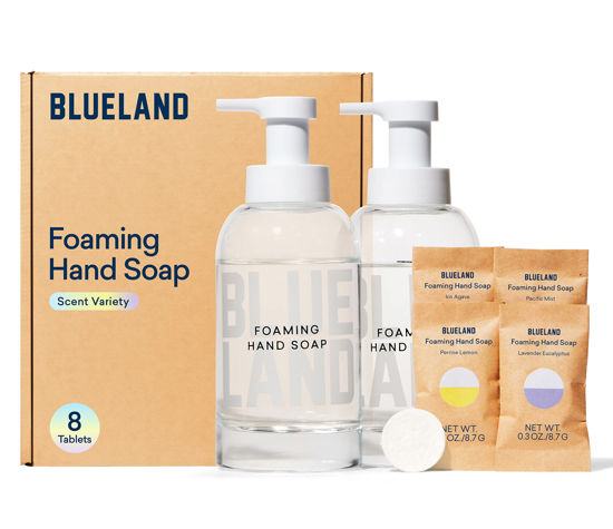 Picture of BLUELAND Hand Soap Duo - 2 Refillable Glass Foaming Hand Soap Dispensers + 8 Tablet Refills | Variety Scents - Perrine Lemon, Lavender Eucalyptus, Pacific Mist, Iris Agave | Makes 8 x 9 Fl oz bottles (72 Fl oz total)