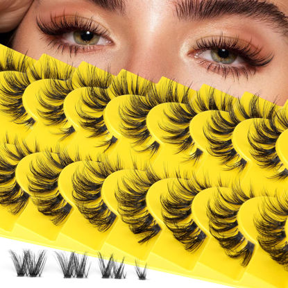 Picture of Cluster Lashes D Curl False Eyelashes Natural Clear Band Individual Lashes Cat Eye Wispy Lash Extensions DIY Eyelashes Pack