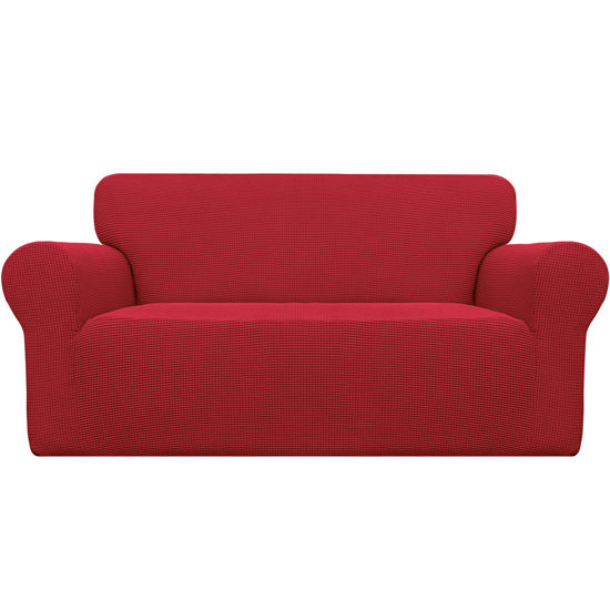 Picture of Easy-Going Stretch Loveseat Slipcover 1-Piece Sofa Cover Furniture Protector Couch Soft with Elastic Bottom for Kids Polyester Spandex Jacquard Fabric Small Checks (Loveseat, Christmas Red)