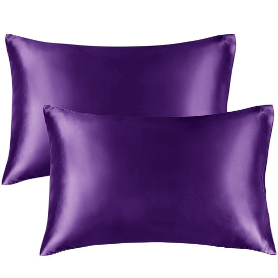 Picture of BEDELITE Satin Pillowcase for Hair and Skin, King Pillow Cases Set of 2 Pack Super Soft Silky Plum Purple Pillow Case with Envelope Closure (20x40 Inches)