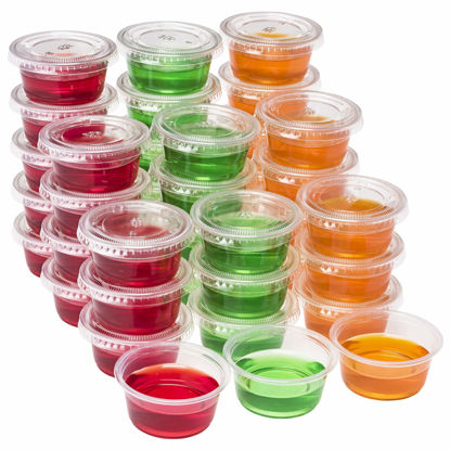 Picture of DuraHome Plastic Portion Cups with Lids 2 oz. Pack of 150 Leakproof Jello Shot Cup Mini Containers for Salad Dressing Sauce Condiment Snack Souffle and Salsa, Disposable