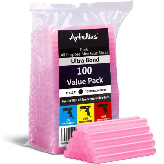 Picture of Artellius - Pink Glitter Hot Glue Sticks 4" x.27" (100 Bulk Pack) - Ultra Bond Hot Melt Adhesive Mini Glue Sticks for All temperature Glue Guns