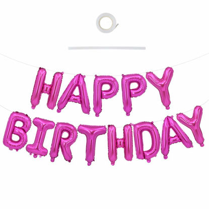 Picture of TONIFUL Rose Pink Happy Birthday Balloons Banner, 16 Inch Mylar Foil Letters Birthday Sign Bunting Reusable Ecofriendly Material for Girls Boys Kids & Adults Birthday Decorations and Party Supplies