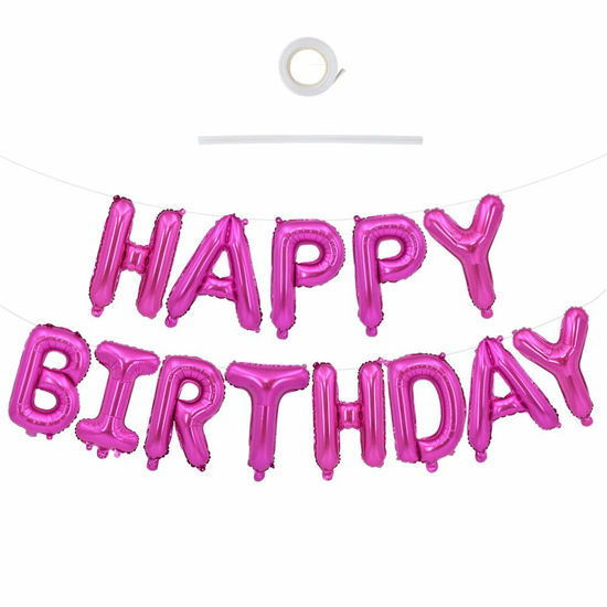 Picture of TONIFUL Rose Pink Happy Birthday Balloons Banner, 16 Inch Mylar Foil Letters Birthday Sign Bunting Reusable Ecofriendly Material for Girls Boys Kids & Adults Birthday Decorations and Party Supplies