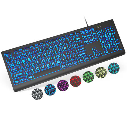 Picture of SABLUTE Large Print Backlit Keyboard, Wired USB Lighted Computer Keyboard with 7-Color & 4 Modes Backlit, Oversize Letters Keys Easy to See and Type, Quiet Keyboard Compatible for PC, Laptop