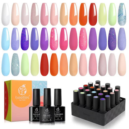 Picture of Beetles 23 Pcs Gel Nail Polish Kit with Base Top Coat, Glamour Games Collection Spring Summer Colors Gel Polish Pastel Nude Pink Purple Orange Nail Art Soak off Gel Nail Kit Gift for Girl Manicure Kit