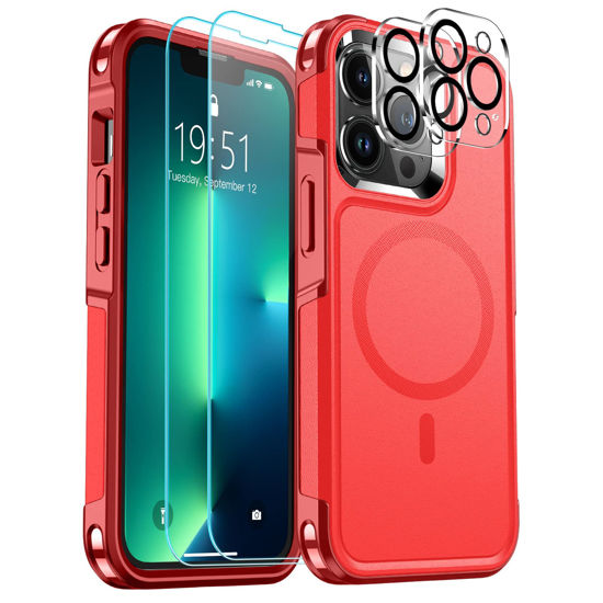 Picture of SUPFINE 5 in 1 Magnetic iPhone 13 Pro Max Case[Compatible with MagSafe][10 FT Military Grade Drop Protection][2+Tempered Glass Screen Protector, 2+Tempered Camera Lens Protector] Non-Slip Case,Red