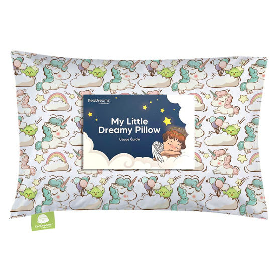 Picture of Toddler Pillow with Pillowcase - 13x18 My Little Dreamy Pillow - Organic Cotton Toddler Pillows for Sleeping, Kids Pillow, Travel Pillows for Sleeping, Mini Pillow, Toddler Bed Pillows(Unicorn Dreams)