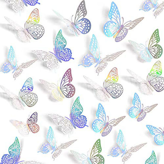 Picture of SAOROPEB 3D Butterfly Wall Decor, 72 Pcs 3 Styles 3 Sizes, Removable Metallic Wall Sticker Room Mural Decals for Kids Bedroom Nursery Classroom Party Decoration Wedding Decor DIY Gift (Laser)