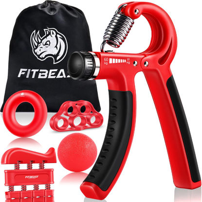 Picture of Hand Grip Strengthener Workout Kit (5 Pack) FitBeast Forearm Grip Adjustable Resistance Hand Gripper, Finger Exerciser, Finger Stretcher, Grip Ring & Stress Relief Grip Ball for Athletes (Red)