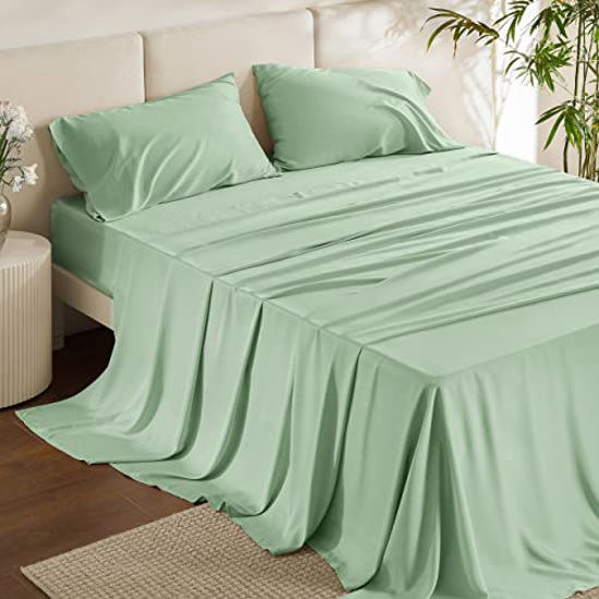 Picture of Bedsure Cooling Sheets Set Sage Green, California King Sheet Sets, Rayon Made from Bamboo, Deep Pocket Up to 16", Hotel Luxury Silky Soft Breathable Bedding Sheets & Pillowcases