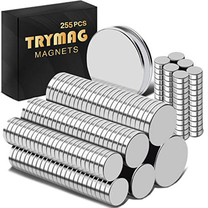 Picture of TRYMAG Small Strong Magnets, 6 Different Size, 255Pcs Rare Earth Magnets for Crafts, Heavy Duty Neodymium Magnets Round Refrigerator Magnets for Whiteboard, Billboard in Home, Kitchen, Office, School