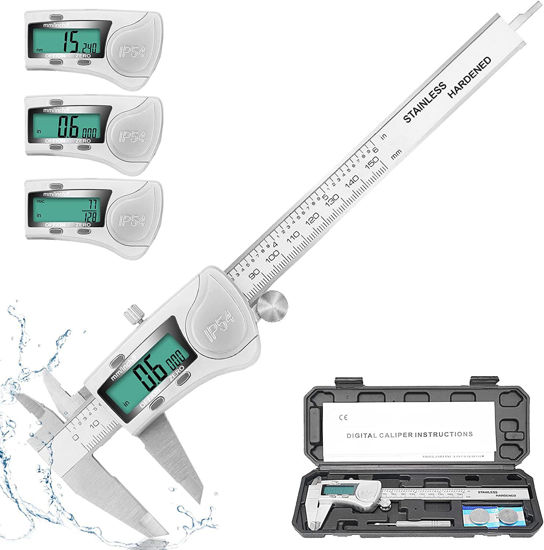 Picture of Sangabery Digital Caliper, 6 inch Caliper Extreme Accuracy Measuring Tool with Stainless Steel, IP54 Waterproof Protection Design, Inch Metric Fraction Switch for Daily and Professional Use