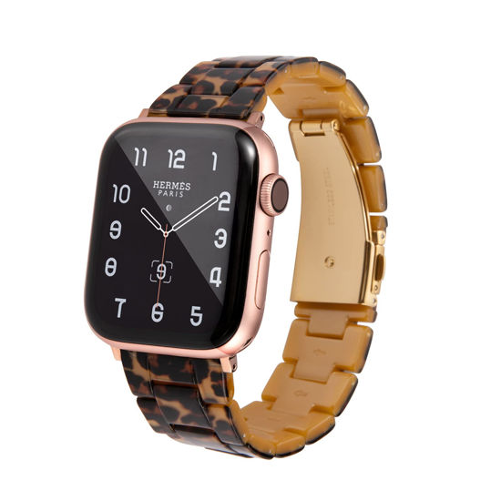 Picture of HOPO Compatible With Apple Watch Band 38mm 40mm 42mm 44mm Thin Light Resin Strap Bracelet With Stainless Steel Buckle Replacement For iWatch Series 8 7 6 5 4 3 2 1 SE (Leopard Print/Gold,42/44/45/49mm)