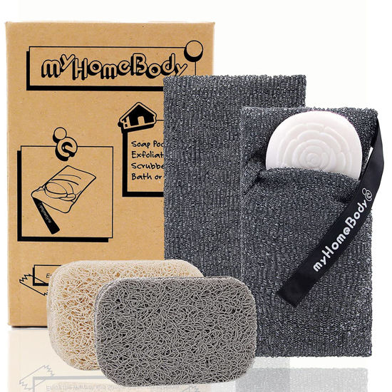 Picture of myHomeBody Soap Pocket Exfoliating Soap Saver Pouch | Body Scrubber Sponge, Exfoliator for Bath or Shower | for Large Bar Soap or Leftover Bits | Graphite Gray, 2 Pack + 2 Soap Lifting Pads