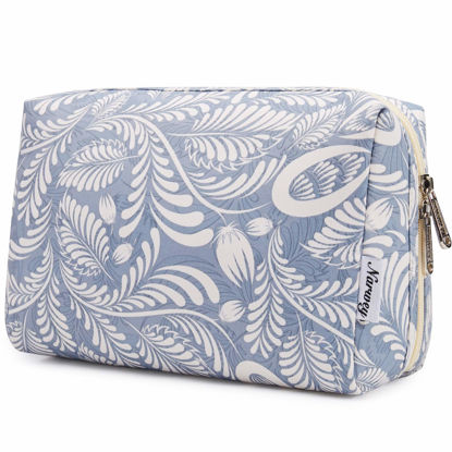 Picture of Large Makeup Bag Zipper Pouch Travel Cosmetic Organizer for Women (Large, Blue Leaf)