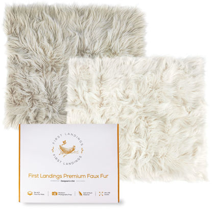 Picture of First Landings Faux Fur Baby Photoshoot Props (Set of 2) - Ultra Soft 28" x 24" Faux Fur Blanket Newborn Photography Props, Beige, Cream White Photo Backdrop